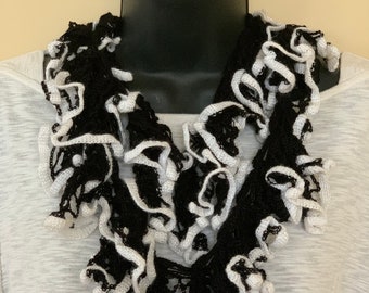 Black & White Crochet Ruffle Infinity Scarf: Elegant Fashion Accessory