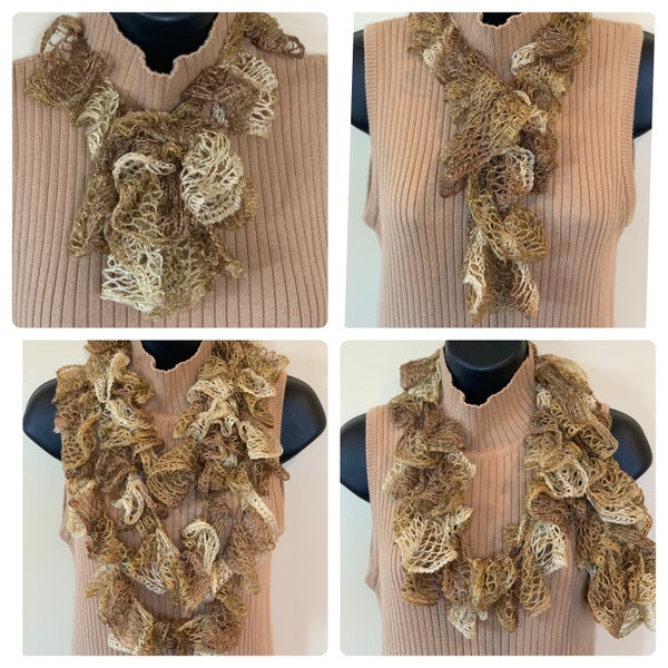 Pick a Length, Gold Metallic Sparkle Ruffle Scarf Handmade Crocheted Infinity Scarf