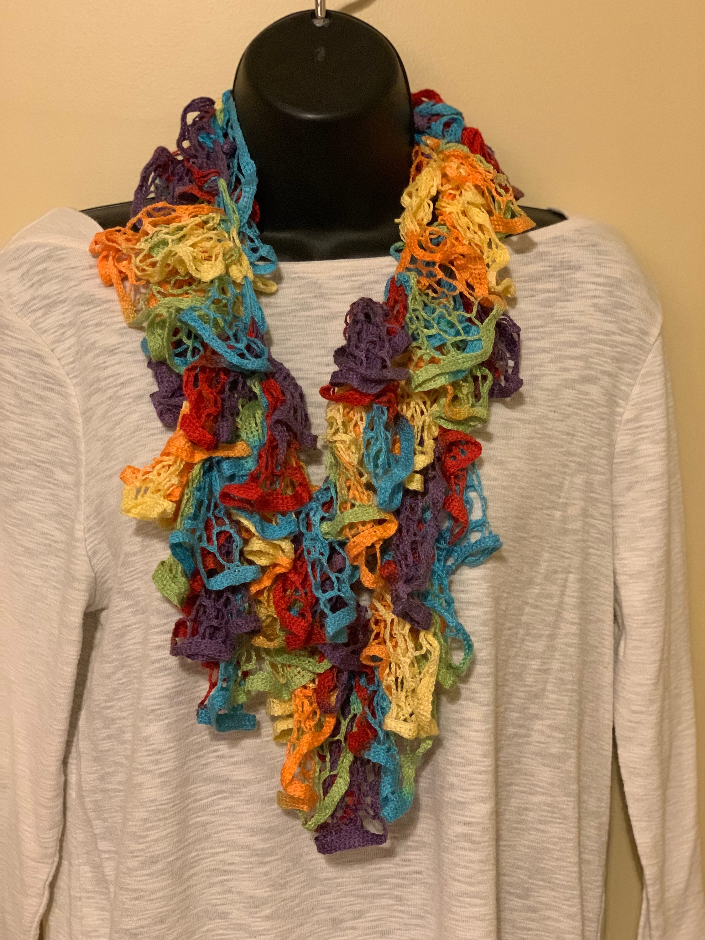 Vibrant Rainbow Crochet Scarf Infinity - Handmade Ruffled Lace Yarn Fashion Accessory for Maximalist Style