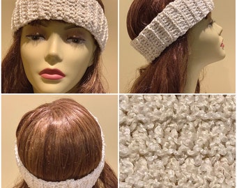 Cream: Textured Narrow Crocheted Headband, Soft Washable Ear Warmers, Neutral Head Wrap, Stylish Design, Cozy Handmade Fashion Accessory