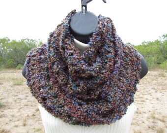 Brown, Blue, Purple: Long Silky Handmade Crocheted Scarf, Soft Washable Infinity, Eternity, Circle, Loop Design, Multiple Ways to Wear