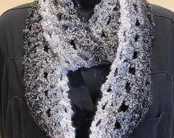 Black, Gray, White: Short Lightweight Handmade Crocheted Scarf, Soft Washable Infinity, Eternity, Circle, Loop Design, Many Ways to Wear