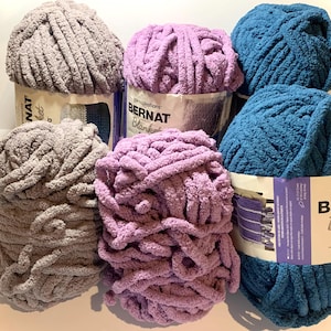 Bernat Jumbo Chenille Yarn: Soft Bulky Gray, Purple, Blue - 97 yd Skein