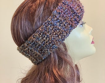 Brown, Blue, Purple: Silky Handmade Crocheted Headband, Soft Washable Ear Warmers, Multicolor Head Wrap Design, Unique Fashion Accessory