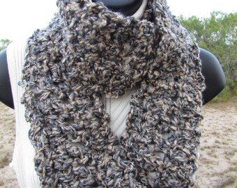 Charcoal and Beige: Short Heavyweight Handmade Crocheted Scarf, Soft Washable Infinity, Eternity, Circle, Loop Design, Multiple Ways to Wear