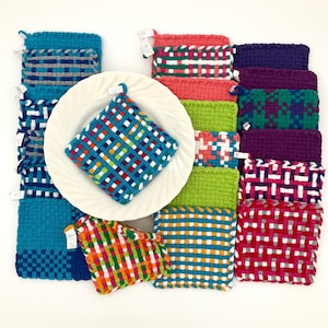 Colorful Retro Potholders  - 6 Inch Kitchen Decor Cotton Trivet Woven by Hand, Housewarming Gift