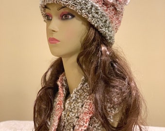 Rust, Brown, Cream: Silky Crocheted Hat with Flower and Short Infinity/Eternity Scarf Set, Soft Washable Matching Pair, Handmade Accessories