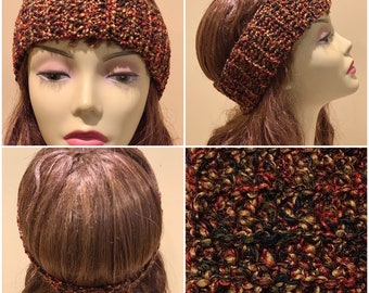 Red Tan, Green: Textured Narrow Crocheted Headband, Soft Washable Ear Warmers, Multicolor Head Wrap, Cozy Handmade Fashion Accessory