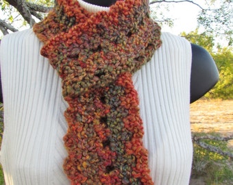 Orange and Green: Short Silky Handmade Crocheted Scarf, Soft Washable Infinity, Eternity, Circle, Loop Design, Multiple Ways to Wear