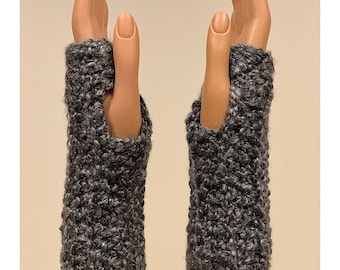 Deep Charcoal Gray: Silky Handmade Crocheted Fingerless Mittens, Wrist Warmers, Multipurpose Gloves, Soft Washable and Dryable Yarn