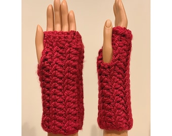 Deep Red: Soft Chunky Handmade Crocheted Fingerless Mittens, Wrist Warmers, Multipurpose Gloves, Washable and Dryable Yarn