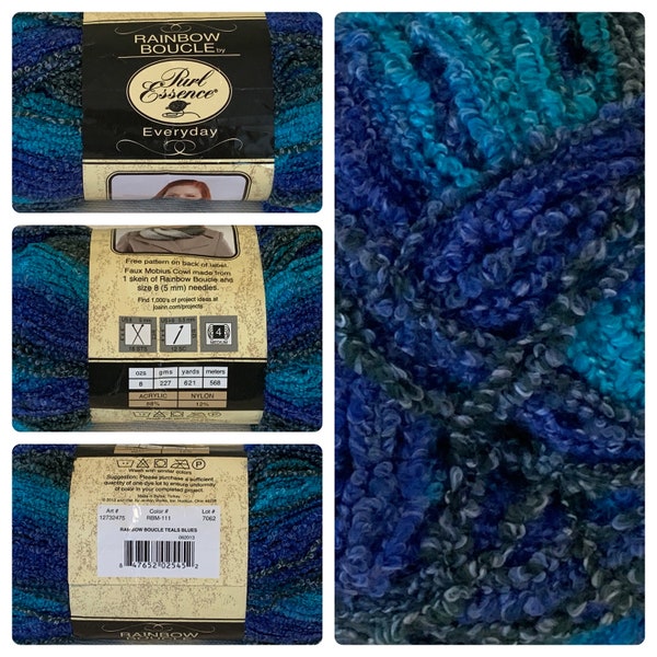 Teals Blues Rainbow Boucle by Purl Essence Everyday Yarn, Ombre 8 oz (621 yds) Acrylic/Nylon Synthetic Blend, Medium 4 Weight, Discontinued