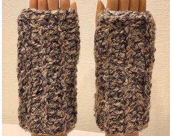 Charcoal and Beige: Heavyweight Handmade Crocheted Fingerless Mittens, Wrist Warmers, Multipurpose Gloves, Soft Washable and Dryable Yarn