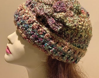 Green, Red, Yellow, Purple: Silky Crocheted Yarn Hat with Flower, Washable Beanie, Colorful Variegated Pattern, Handmade Fashion Accessory