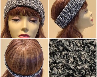 Black, Gray, White: Textured Narrow Crocheted Headband, Soft Washable Ear Warmers, Multicolor Head Wrap, Cozy Handmade Fashion Accessory