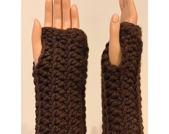 Brown: Soft Chunky Handmade Crocheted Fingerless Mittens, Wrist Warmers, Multipurpose Gloves, Washable and Dryable Yarn