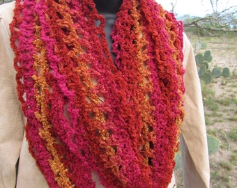 Pink, Copper, and Gold Ombré: Long Lightweight Handmade Crocheted Scarf, Soft Washable Infinity, Eternity, Circle, Loop, Many Ways to Wear