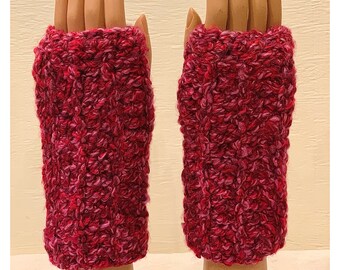 Red and Pink: Heavyweight Handmade Crocheted Fingerless Mittens, Wrist Warmers, Multipurpose Gloves, Soft Washable and Dryable Yarn