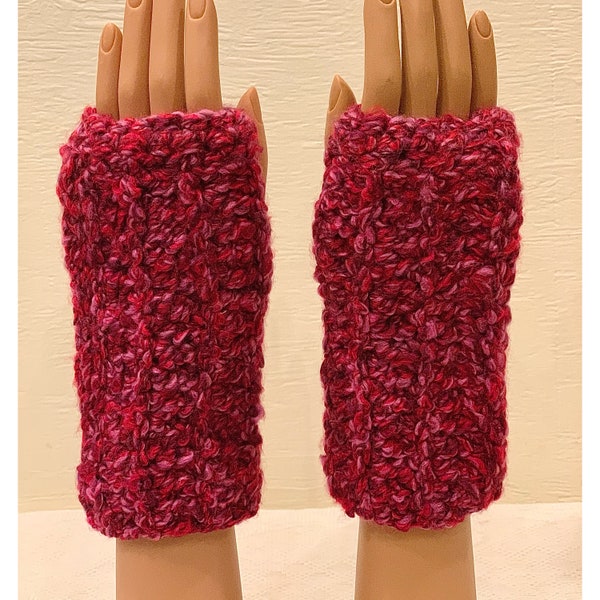 Red and Pink: Heavyweight Handmade Crocheted Fingerless Mittens, Wrist Warmers, Multipurpose Gloves, Soft Washable and Dryable Yarn