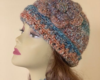 Rainbow Sunset: Silky Crocheted Yarn Hat with Flower, Soft Washable Beanie, Unique Colorful Variegated Pattern, Handmade Fashion Accessory