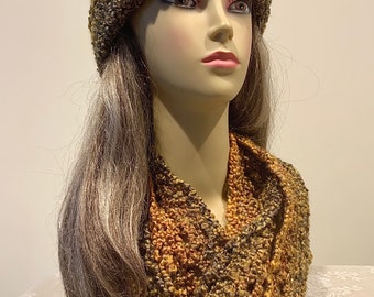 Golden Brown Ombré: Silky Crocheted Hat and Short Infinity/Eternity Scarf Set, Soft Washable Matching Pair, Handmade Fashion Accessories