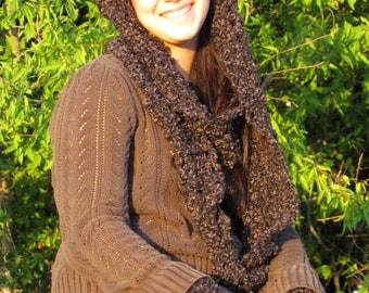 Black and Brown: Long Cozy Handmade Crocheted Scarf, Soft Washable Infinity, Eternity, Circle, Loop Design, Many Ways to Wear