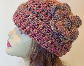 Pink and Purple: Silky Crocheted Yarn Hat with Flower, Soft Washable Beanie, Unique Colorful Variegated Pattern, Handmade Fashion Accessory
