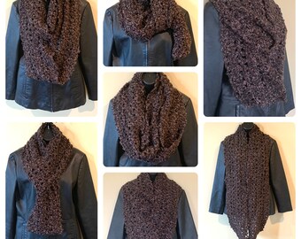 Black and Brown: Long Wide Cozy Handmade Crocheted Scarf, Soft Washable Infinity, Eternity, Circle, Loop Design, Many Ways to Wear