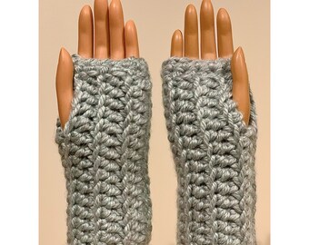 Light Gray and Pale Aqua: Soft Chunky Handmade Crocheted Fingerless Mittens, Wrist Warmers, Multipurpose Gloves, Washable and Dryable Yarn
