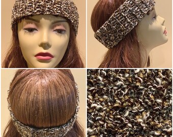 Brown, Tan, Gray, White: Textured Narrow Crocheted Headband, Soft Washable Ear Warmers, Multicolor Head Wrap, Handmade Fashion Accessory