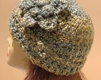 Light Green Medley: Silky Crocheted Yarn Hat with Flower, Soft Washable Beanie, Optional Brim, Warm Cozy Cap, Handmade Fashion Accessory