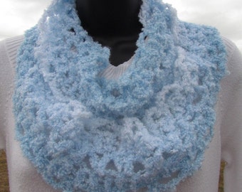 Blue and White Ombré: Short Lightweight Handmade Crocheted Scarf, Soft Washable Infinity, Eternity, Circle, Loop Design, Many Ways to Wear