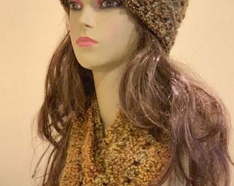 Golden Brown Ombré: Silky Crocheted Hat with Flower and Short Infinity/Eternity Scarf Set, Soft Washable Matching Pair, Handmade Accessories