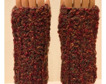 Maroon, Rust, and Green: Heavyweight Handmade Crocheted Fingerless Mittens, Wrist Warmers, Multipurpose Gloves, Washable and Dryable Yarn