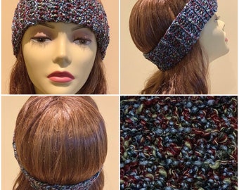 Blue, Burgundy, Green: Textured Narrow Crocheted Headband, Soft Washable Ear Warmers, Multicolor Head Wrap, Cozy Handmade Fashion Accessory