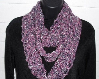 Purple, Pink, Black, White: Long Narrow Textured Handmade Crocheted Scarf, Soft Washable Infinity, Eternity, Circle, Loop, Many Ways to Wear