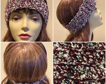 Burgundy, White, Green, Navy: Textured Narrow Crocheted Headband, Washable Ear Warmers, Multicolor Head Wrap, Handmade Fashion Accessory