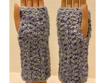 Lilac, Green, White: Heavyweight Handmade Crocheted Fingerless Mittens, Wrist Warmers, Multipurpose Gloves, Washable and Dryable Yarn