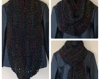 Rainbow Black: Long Wide Velvety Handmade Crocheted Scarf, Soft Washable Infinity, Eternity, Circle, Loop Design, Multiple Ways to Wear
