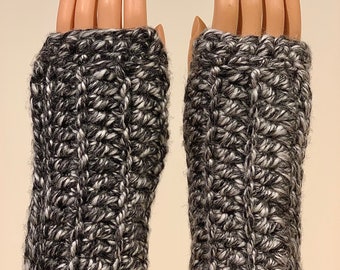 Black and Silver: Soft Chunky Handmade Crocheted Fingerless Mittens, Cozy Wrist Warmers, Unique Multipurpose Gloves, Washable / Dryable Yarn