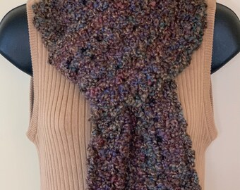 Brown, Blue, Purple: Long Wide Silky Handmade Crocheted Scarf, Soft Washable Infinity, Eternity, Circle, Loop Design, Multiple Ways to Wear