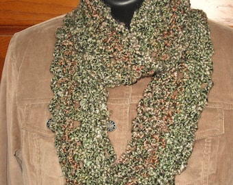 Camouflage: Short Silky Handmade Crocheted Scarf, Soft Washable Infinity, Eternity, Circle, Loop Design, Multiple Ways to Wear