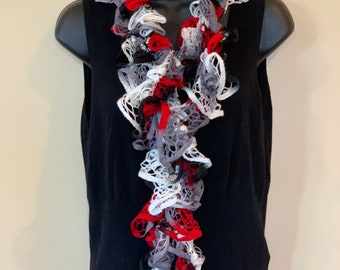 Crochet Infinity Scarf: Red, Gray, Black, White Ombre - Made in USA