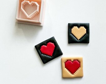 Pixel Heart Polymer Clay Cutter Set Optional Embosser, Full & Half Heart