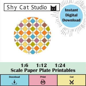 May include: A colorful, geometric patterned paper plate printable. The design features a repeating pattern of diamonds in various colors, including orange, blue, yellow, and purple. The text "Shy Cat Studio" is at the top, with "Instant Digital Download" and "Scale Paper Plate Printables" below.
