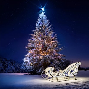 Puede incluir: Un árbol de Navidad decorado con luces parpadeantes y una estrella en la cima se alza contra un cielo nocturno azul oscuro. Un trineo blanco con un diseño de estrellas azules y doradas descansa en la nieve, creando un ambiente festivo.