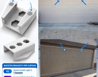 Puede incluir: Un soporte magnético blanco para cortinas de luz Govee, con imanes preinstalados y recortes hexagonales. El soporte se muestra montado en una puerta de garaje para asegurar tiras de luces, con texto que detalla la compatibilidad V2 y Pro.