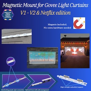 May include: A white magnetic mounting system for Govee light curtains, compatible with V1, V2, and Netflix editions. The set includes interlocking pieces with embedded magnets for installation without extra hardware, featuring cable management covers.