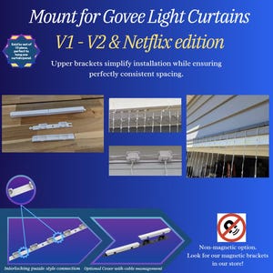 May include: A set of white plastic mounting brackets for Govee light curtains, compatible with V1, V2, and Netflix editions. The components feature interlocking puzzle-style connections, optional cable management covers, and facilitate consistent spacing.