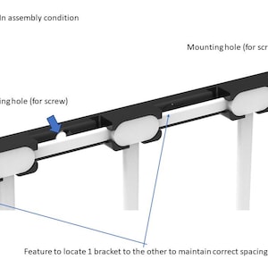 May include: Three black brackets with white plastic inserts are shown in an assembled configuration. Each bracket has a mounting hole for a screw and a feature to locate one bracket to the other to maintain correct spacing.